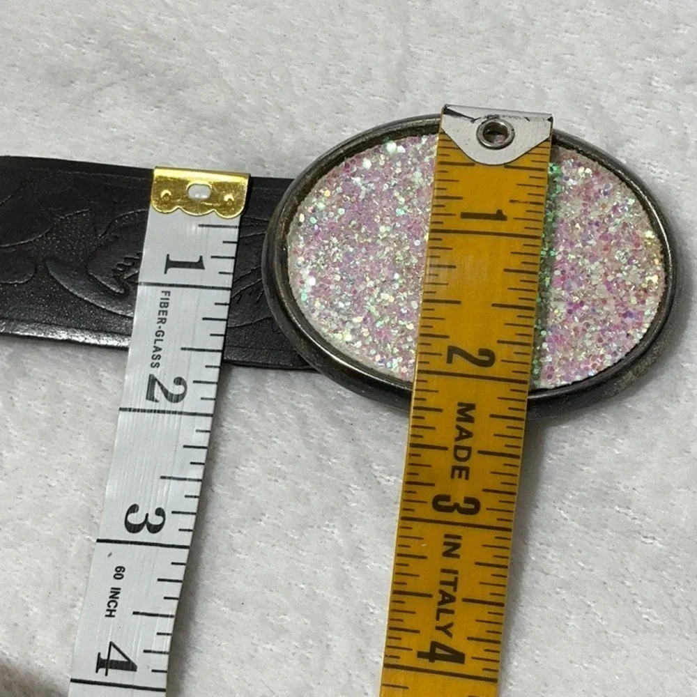 Italian Leather Belt Floral Embossed Western Design Glitter Buckle